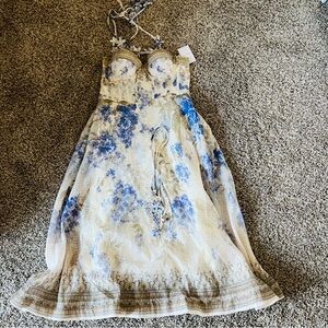 Elegant Cream and Blue Floral Midi Dress